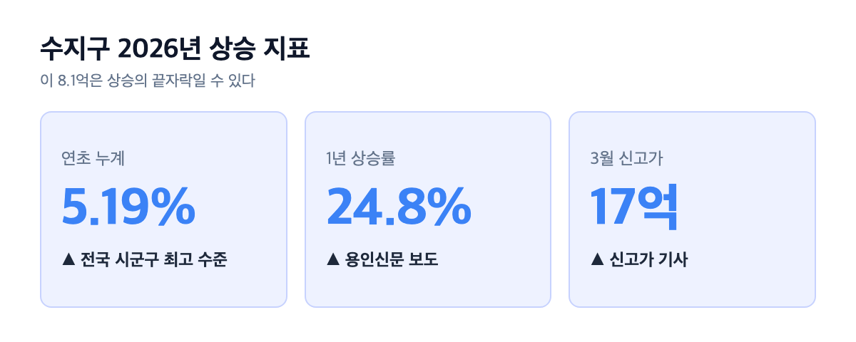 수지구 상승 지표 카드 — 연초 누계 5.19%, 1년 24.8%, 3월 17억 신고가