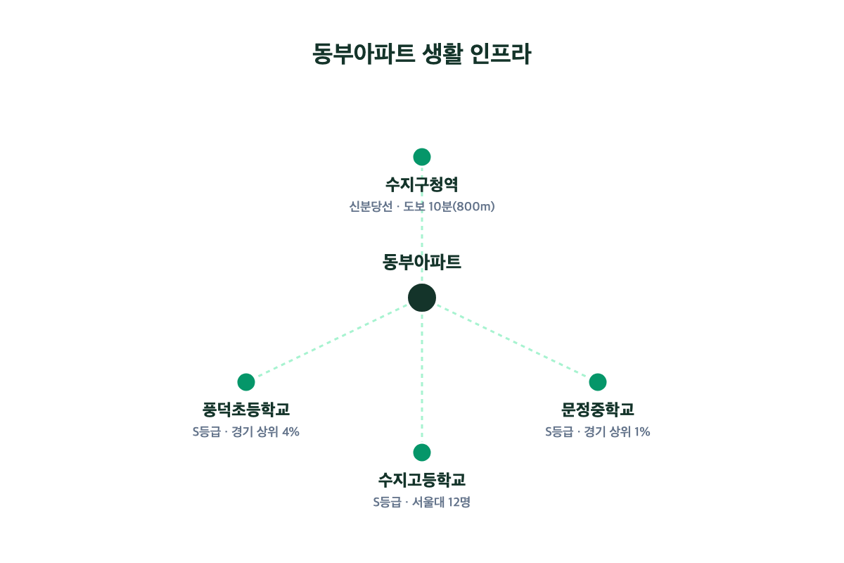 수지동부 생활 인프라 반경 인포그래픽 — 신분당선 수지구청역·풍덕초·문정중·수지고